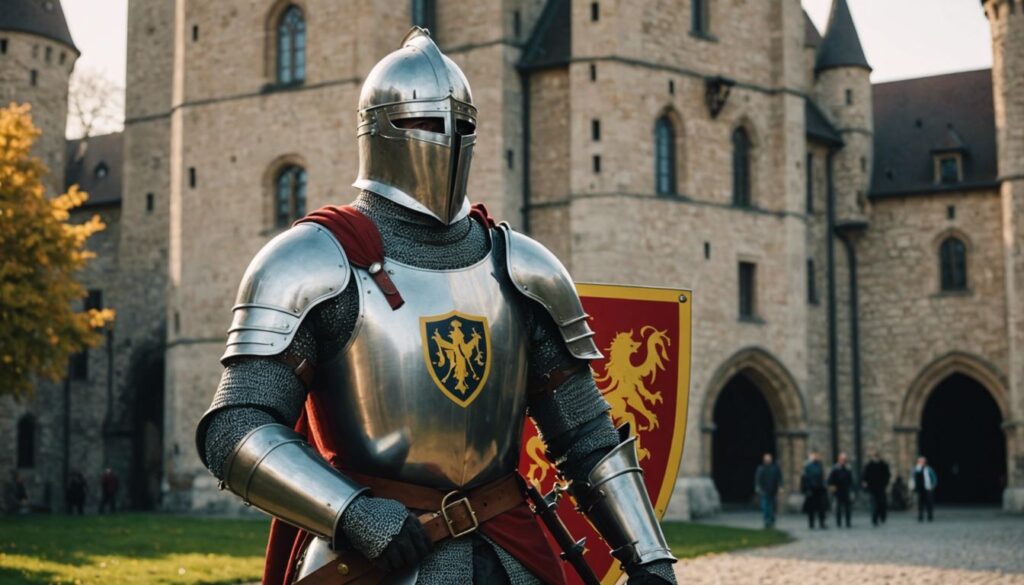 Heinrich der Löwe in armor, holding Braunschweig shield, in front of a historic castle.