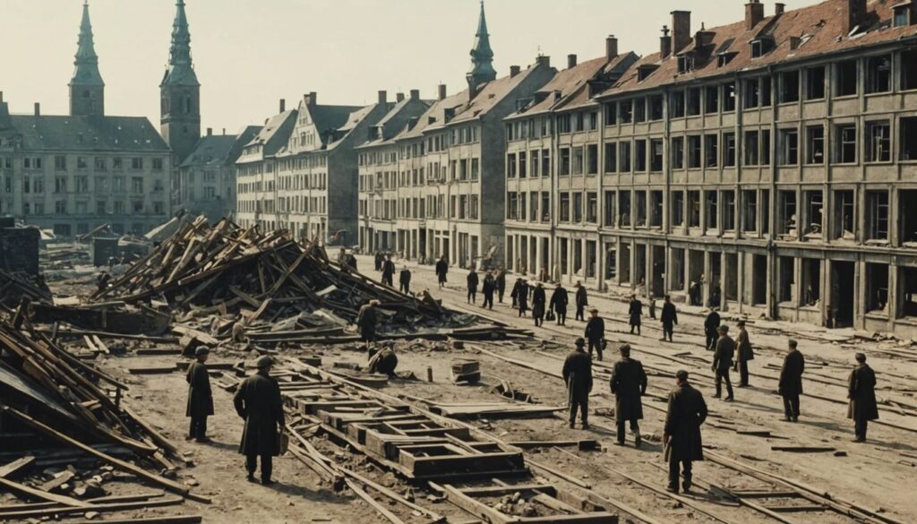 Workers rebuilding damaged structures in Braunschweig post-World War II, showcasing the city's reconstruction efforts in 1945.