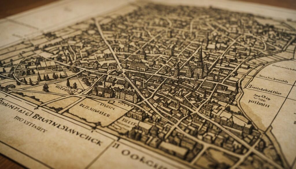 Historical map of Braunschweig highlighting notable landmarks, set on a parchment background to evoke antiquity.