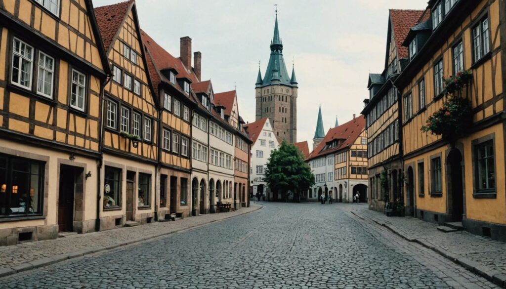 Medieval Braunschweig with cobblestone streets, half-timbered houses, and Dankwarderode Castle in the background.