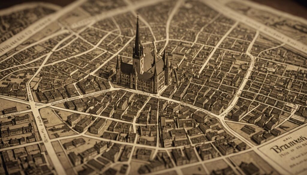 Vintage map of Braunschweig highlighting historical layout and landmarks with an old parchment texture and sepia tones.