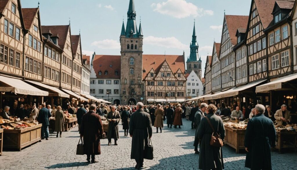 Medieval market square in Braunschweig with merchants trading goods during the Hanseatic League era.