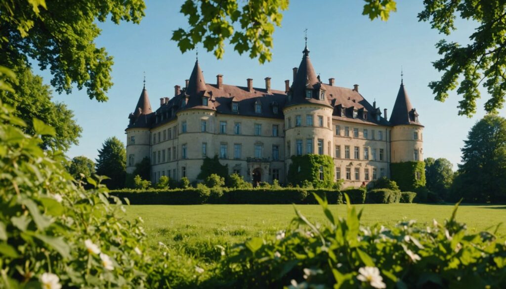 The Welfenschloss in Braunschweig, featuring grand architecture, lush greenery, and a clear blue sky.